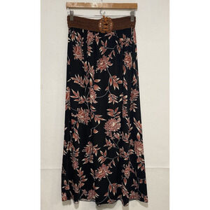 Jon & Anna Boho Prairie Black Rust Floral Stretch Lace Up Waist‎ Maxi Skirt Sz L